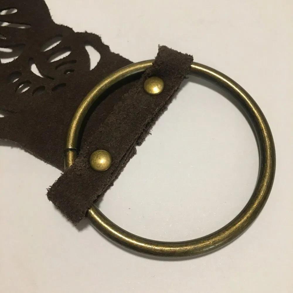 Prana Cut out Leather Belt Womens S/M Brown Suede Brass Ring Buckle